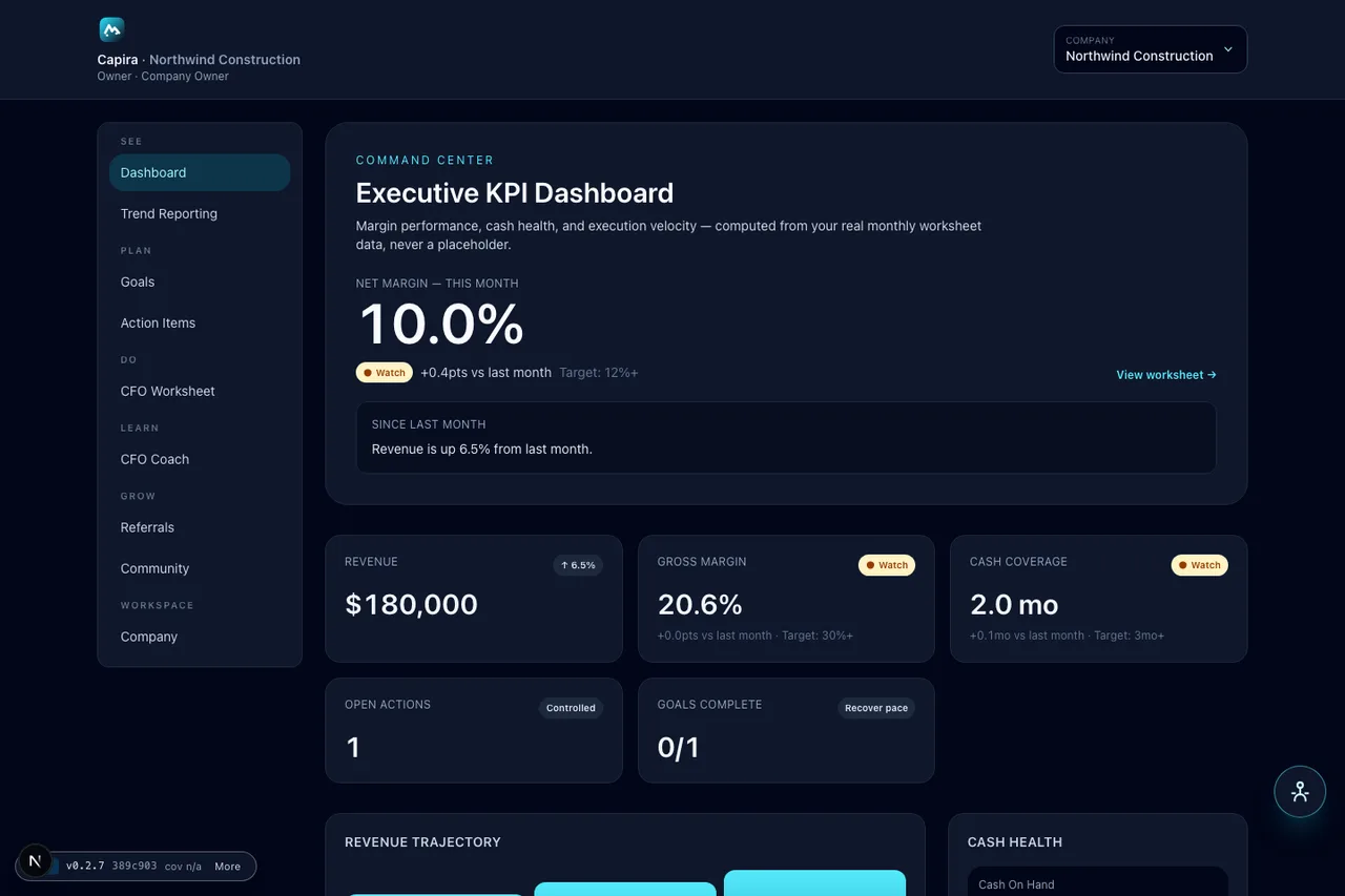 Executive dashboard showing KPI cards and a margin trend line for a demo company.